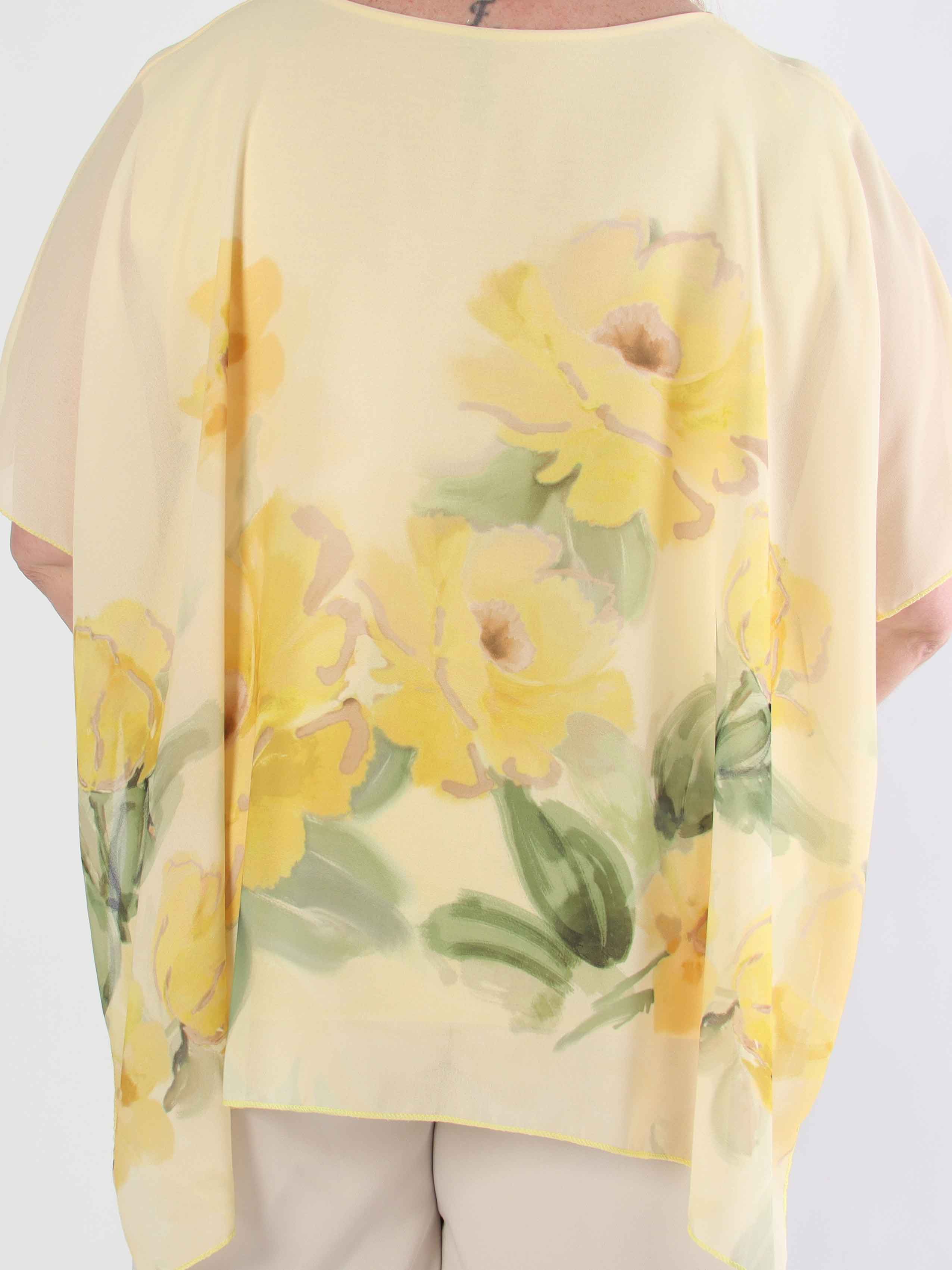 Mirabella Shirt - Plus size-tunika med löst chiffonglager med blommiga motiv